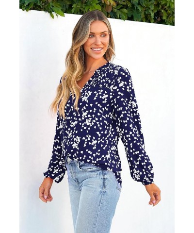 Womens Floral Dressy Tops 2023 Fall Long Sleeve Chiffon Shirts V Neck Boho Blouses Smocked Business Tunic Dark Blue $15.98 Bl...