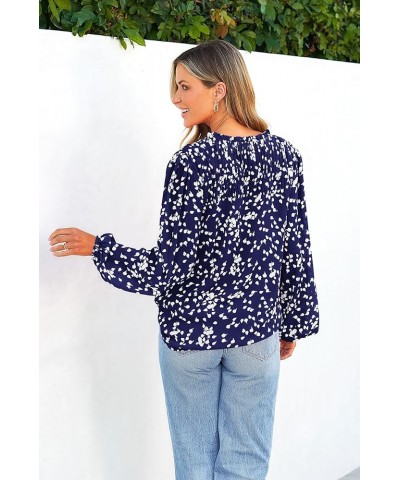 Womens Floral Dressy Tops 2023 Fall Long Sleeve Chiffon Shirts V Neck Boho Blouses Smocked Business Tunic Dark Blue $15.98 Bl...