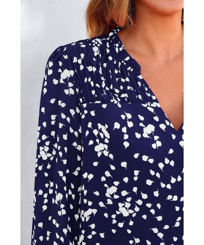 Womens Floral Dressy Tops 2023 Fall Long Sleeve Chiffon Shirts V Neck Boho Blouses Smocked Business Tunic Dark Blue $15.98 Bl...