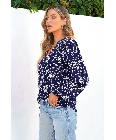 Womens Floral Dressy Tops 2023 Fall Long Sleeve Chiffon Shirts V Neck Boho Blouses Smocked Business Tunic Dark Blue $15.98 Bl...