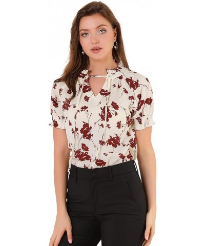 Women's Ruffle Tie V Neck Casual Smocked Short Sleeve Floral Top Blouse Beige $12.32 Blouses