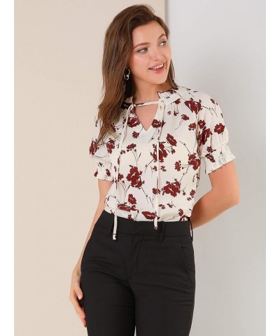 Women's Ruffle Tie V Neck Casual Smocked Short Sleeve Floral Top Blouse Beige $12.32 Blouses