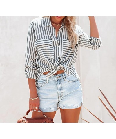 Women's Fall Cotton Long Sleeves Roll Up Striped Casual V Neck Button Down Shirts Blouses Black2 $16.95 Blouses