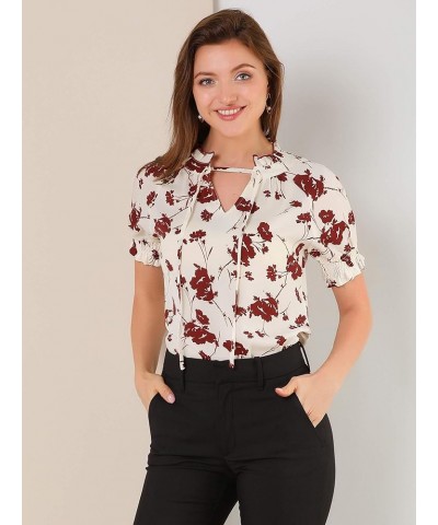 Women's Ruffle Tie V Neck Casual Smocked Short Sleeve Floral Top Blouse Beige $12.32 Blouses