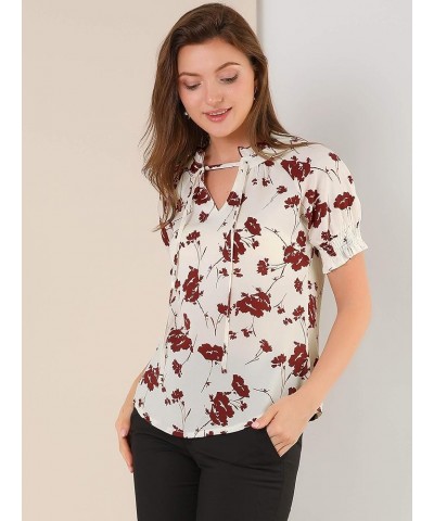 Women's Ruffle Tie V Neck Casual Smocked Short Sleeve Floral Top Blouse Beige $12.32 Blouses