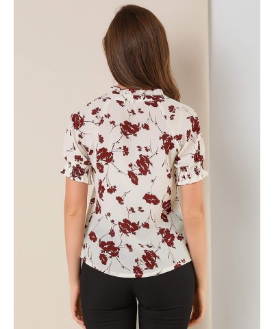 Women's Ruffle Tie V Neck Casual Smocked Short Sleeve Floral Top Blouse Beige $12.32 Blouses