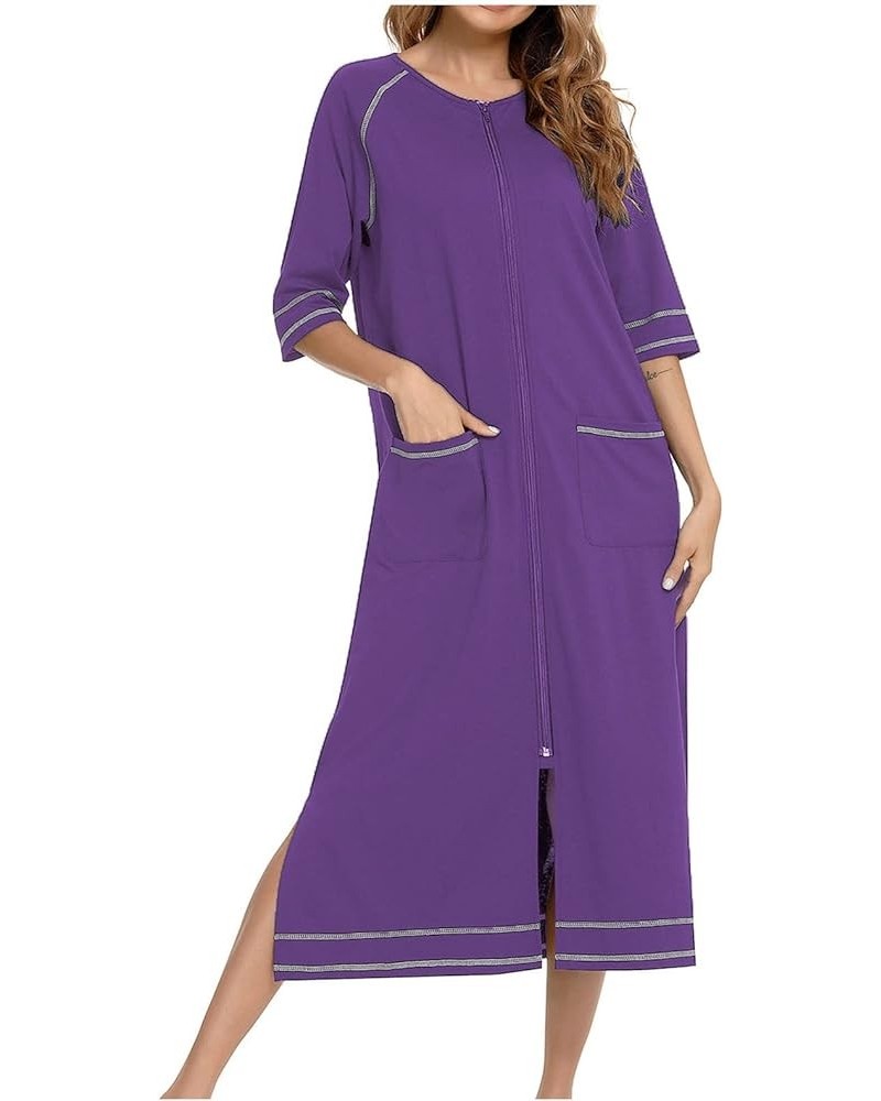 Women's Nightgown with Built in Shelf Bra Soft Cotton Sleepwear Comfy Short Sleeve Loungewear Loose Nightshirts Dress 06 Purp...