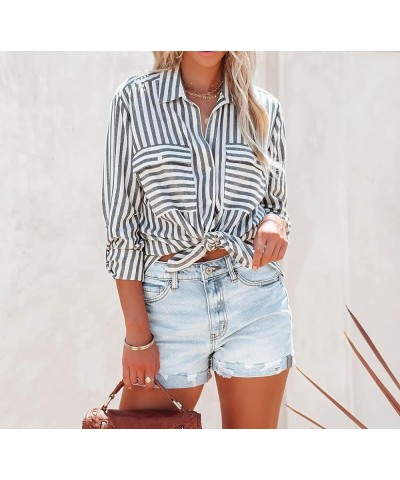 Women's Fall Cotton Long Sleeves Roll Up Striped Casual V Neck Button Down Shirts Blouses Black2 $16.95 Blouses