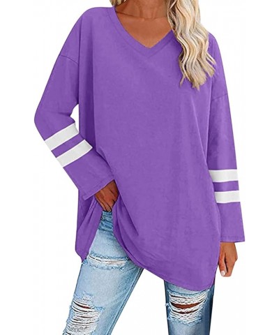 Womens Long Sleeve Tops, Oversized Striped Print Solid T-Shirts V Neck Workout Fashion Drop Shoulder Causal Loose Fit Blouse ...