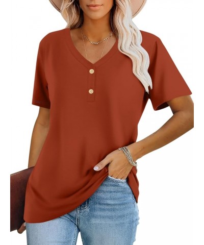 Women's Short Sleeve V Neck Tops Casual Button Down Summer T Shirt Loose Blouses Orange $13.49 Blouses