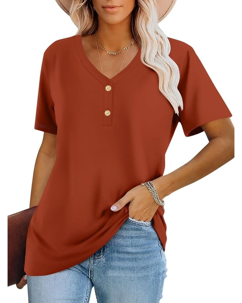 Women's Short Sleeve V Neck Tops Casual Button Down Summer T Shirt Loose Blouses Orange $13.49 Blouses