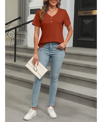 Women's Short Sleeve V Neck Tops Casual Button Down Summer T Shirt Loose Blouses Orange $13.49 Blouses