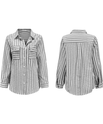 Women's Fall Cotton Long Sleeves Roll Up Striped Casual V Neck Button Down Shirts Blouses Black2 $16.95 Blouses