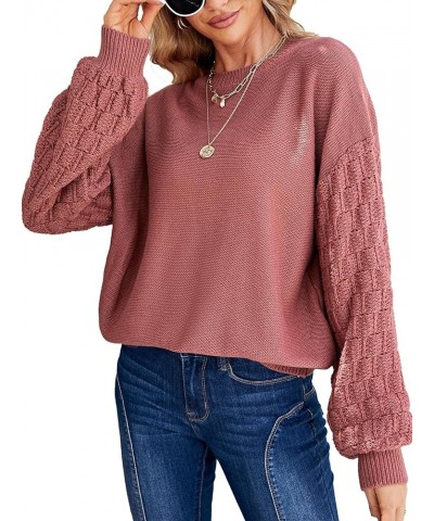 Women's Oversized Chunky Cable Knit Sweater Lantern Sleeve Pullover Sweaters Fall Winter Crew Neck Loose Jumper Top Dusty Pin...