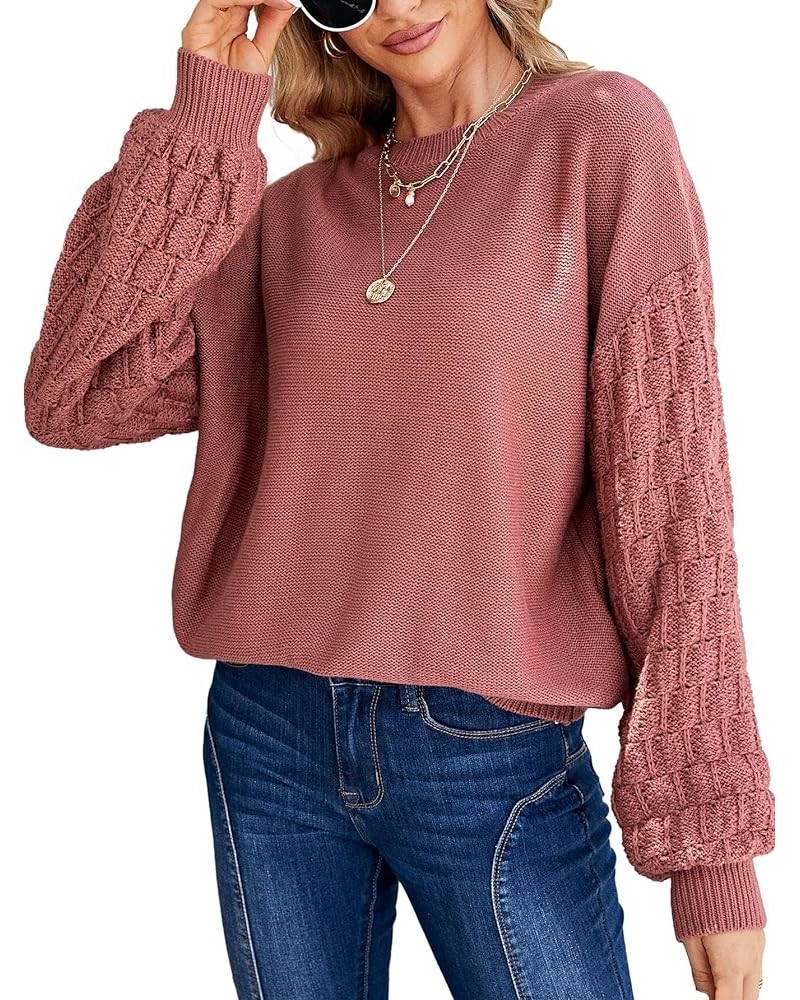 Women's Oversized Chunky Cable Knit Sweater Lantern Sleeve Pullover Sweaters Fall Winter Crew Neck Loose Jumper Top Dusty Pin...