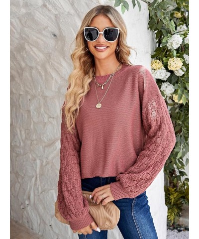 Women's Oversized Chunky Cable Knit Sweater Lantern Sleeve Pullover Sweaters Fall Winter Crew Neck Loose Jumper Top Dusty Pin...