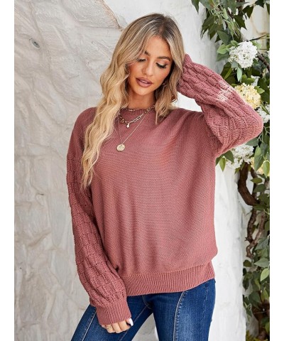 Women's Oversized Chunky Cable Knit Sweater Lantern Sleeve Pullover Sweaters Fall Winter Crew Neck Loose Jumper Top Dusty Pin...