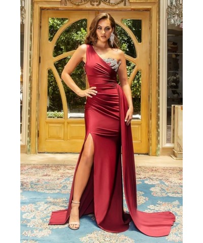 Women's One Shoulder Mermaid Bridesmaid Dresses for Wedding Long Satin Bodycon Prom Formal Evening Gowns with Slit 822 Burnt ...