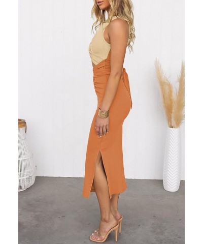 Women's Sexy Hollow Out Slim Sleeveless Bodycon Dress Crewneck Crisscross Twist Ruched Slit Midi Dress Ginger $18.90 Dresses