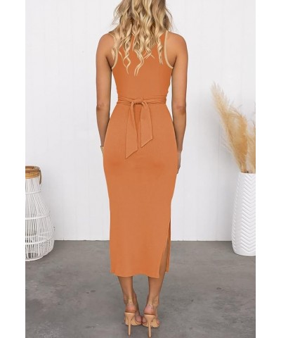 Women's Sexy Hollow Out Slim Sleeveless Bodycon Dress Crewneck Crisscross Twist Ruched Slit Midi Dress Ginger $18.90 Dresses