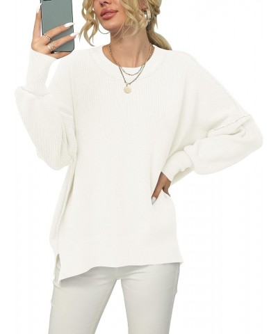 Women Crewneck Batwing Sleeve 2023 Fall Oversized Side Slit Ribbed Knit Pullover Sweater Top White $25.49 Sweaters