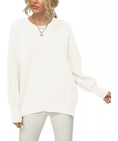 Women Crewneck Batwing Sleeve 2023 Fall Oversized Side Slit Ribbed Knit Pullover Sweater Top White $25.49 Sweaters