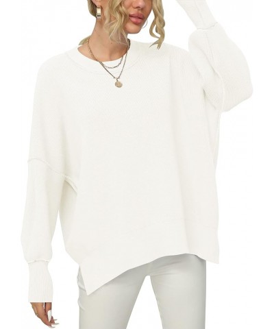 Women Crewneck Batwing Sleeve 2023 Fall Oversized Side Slit Ribbed Knit Pullover Sweater Top White $25.49 Sweaters