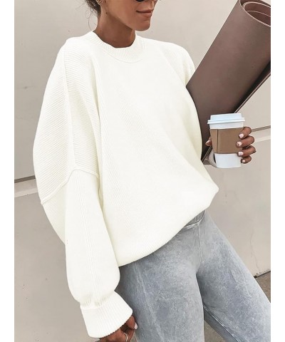 Women Crewneck Batwing Sleeve 2023 Fall Oversized Side Slit Ribbed Knit Pullover Sweater Top White $25.49 Sweaters