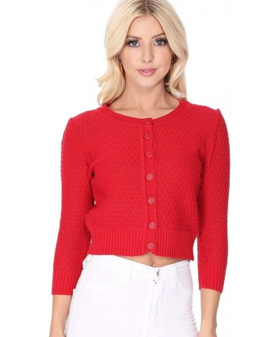 Women's Cropped Cardigan Sweater – 3/4 Sleeve Crewneck Basic Classic Casual Button Down Soft Crochet Knit Top (S-3XL) Mk3514-...