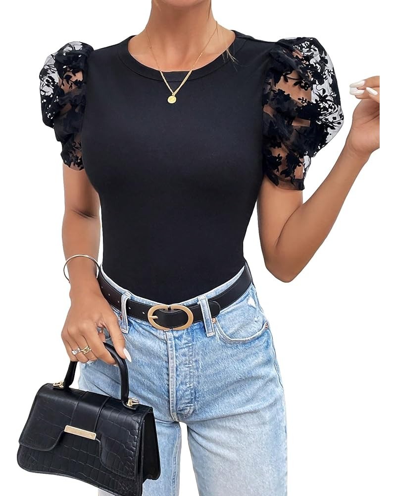 Women's Summer Short Sleeve Round Neck Casual Blouse Tops Black Solid $17.87 Blouses