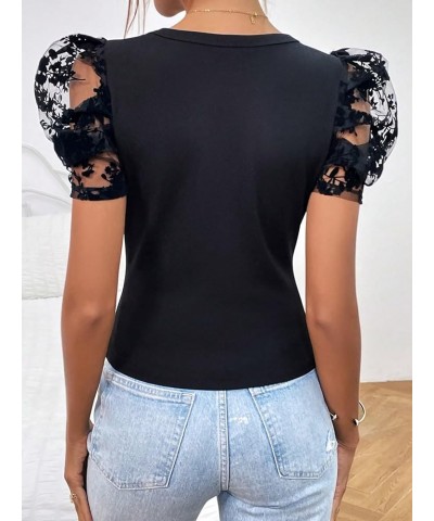 Women's Summer Short Sleeve Round Neck Casual Blouse Tops Black Solid $17.87 Blouses