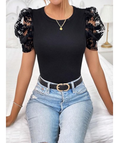 Women's Summer Short Sleeve Round Neck Casual Blouse Tops Black Solid $17.87 Blouses