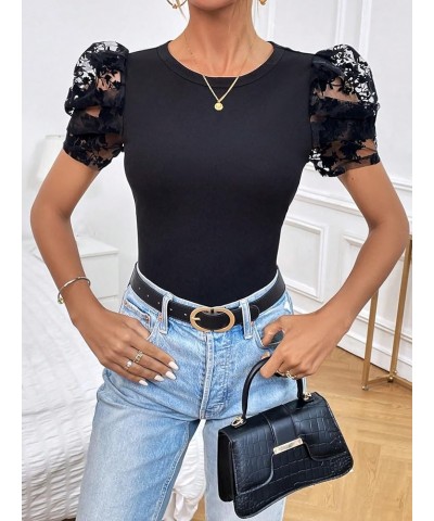 Women's Summer Short Sleeve Round Neck Casual Blouse Tops Black Solid $17.87 Blouses