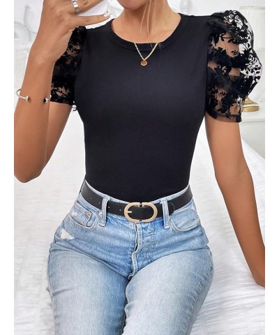 Women's Summer Short Sleeve Round Neck Casual Blouse Tops Black Solid $17.87 Blouses