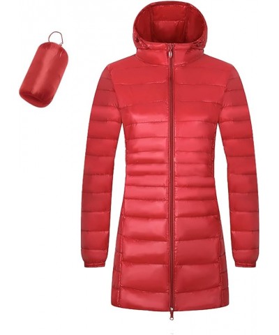 Women's Packable Puffer Jackets Mid Length Plus Size Down Coat Hooded Stand Collar Full Zip Slim Fit Warm Winter Coats Red $2...