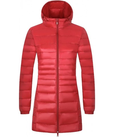 Women's Packable Puffer Jackets Mid Length Plus Size Down Coat Hooded Stand Collar Full Zip Slim Fit Warm Winter Coats Red $2...