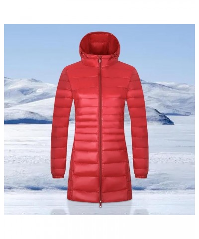 Women's Packable Puffer Jackets Mid Length Plus Size Down Coat Hooded Stand Collar Full Zip Slim Fit Warm Winter Coats Red $2...