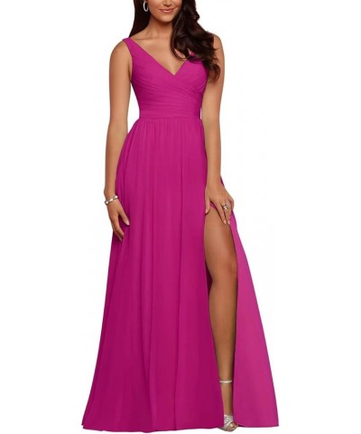 Women's Bridesmaid Dresses Long for Teens Side Split Chiffon Double V Neck Maid of Honor Formal Dresses for Wedding Fuchsia2 ...