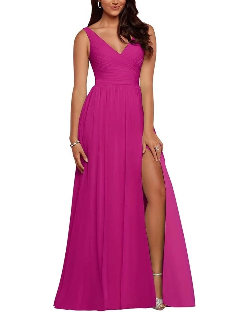 Women's Bridesmaid Dresses Long for Teens Side Split Chiffon Double V Neck Maid of Honor Formal Dresses for Wedding Fuchsia2 ...