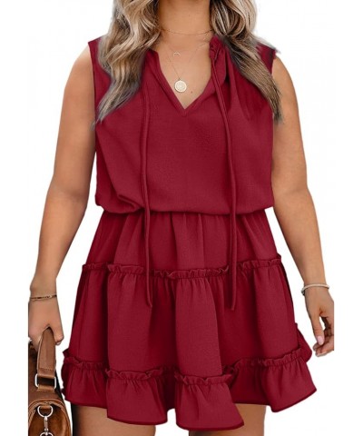 Womens Plus Size Sleeveless V Neck Drawstring Ruffle Tiered Chiffon Mini Short Dresses,(1X-5X) B Red $17.04 Dresses