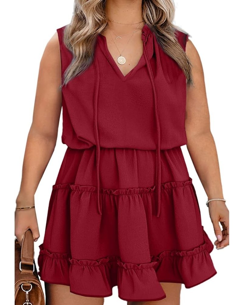 Womens Plus Size Sleeveless V Neck Drawstring Ruffle Tiered Chiffon Mini Short Dresses,(1X-5X) B Red $17.04 Dresses