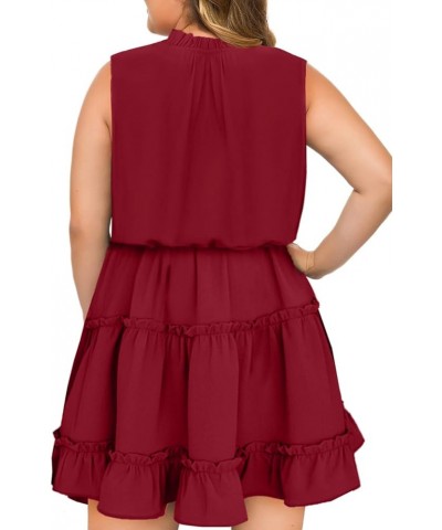 Womens Plus Size Sleeveless V Neck Drawstring Ruffle Tiered Chiffon Mini Short Dresses,(1X-5X) B Red $17.04 Dresses