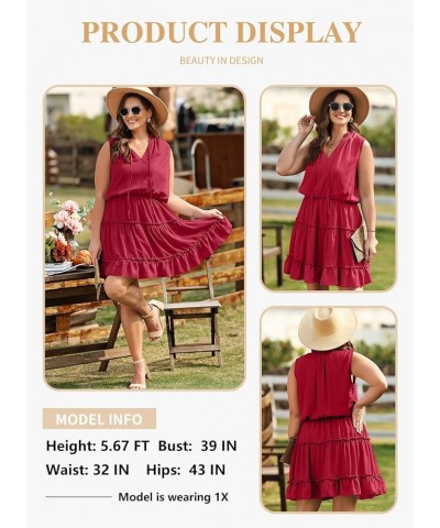 Womens Plus Size Sleeveless V Neck Drawstring Ruffle Tiered Chiffon Mini Short Dresses,(1X-5X) B Red $17.04 Dresses