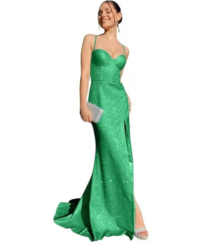 Glitter Halter Mermaid Prom Dresses with Slit for Women 2024 Spaghetti Strap Satin Long Formal Evening Gowns 818 Green $32.25...