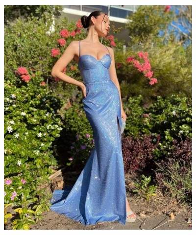 Glitter Halter Mermaid Prom Dresses with Slit for Women 2024 Spaghetti Strap Satin Long Formal Evening Gowns 818 Green $32.25...