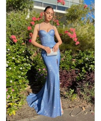 Glitter Halter Mermaid Prom Dresses with Slit for Women 2024 Spaghetti Strap Satin Long Formal Evening Gowns 818 Green $32.25...