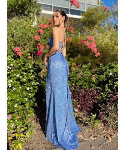 Glitter Halter Mermaid Prom Dresses with Slit for Women 2024 Spaghetti Strap Satin Long Formal Evening Gowns 818 Green $32.25...