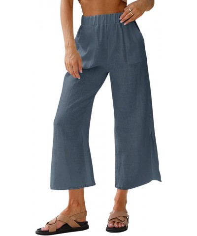 Womens Capri Wide Leg Pants Casual High Waist Linen Palazzo Pants Loose Summer Slacks with Pockets 2024 Blue Grey $20.99 Pants