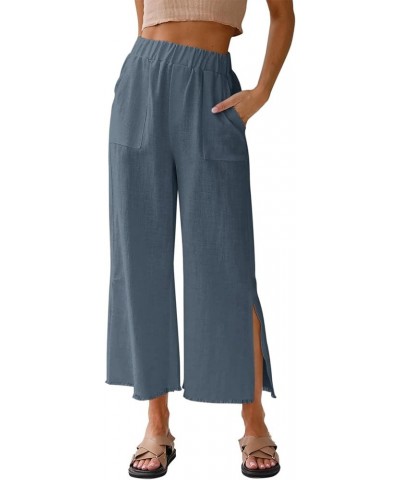 Womens Capri Wide Leg Pants Casual High Waist Linen Palazzo Pants Loose Summer Slacks with Pockets 2024 Blue Grey $20.99 Pants