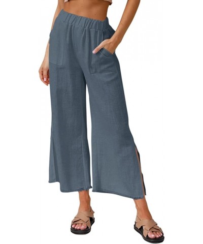 Womens Capri Wide Leg Pants Casual High Waist Linen Palazzo Pants Loose Summer Slacks with Pockets 2024 Blue Grey $20.99 Pants